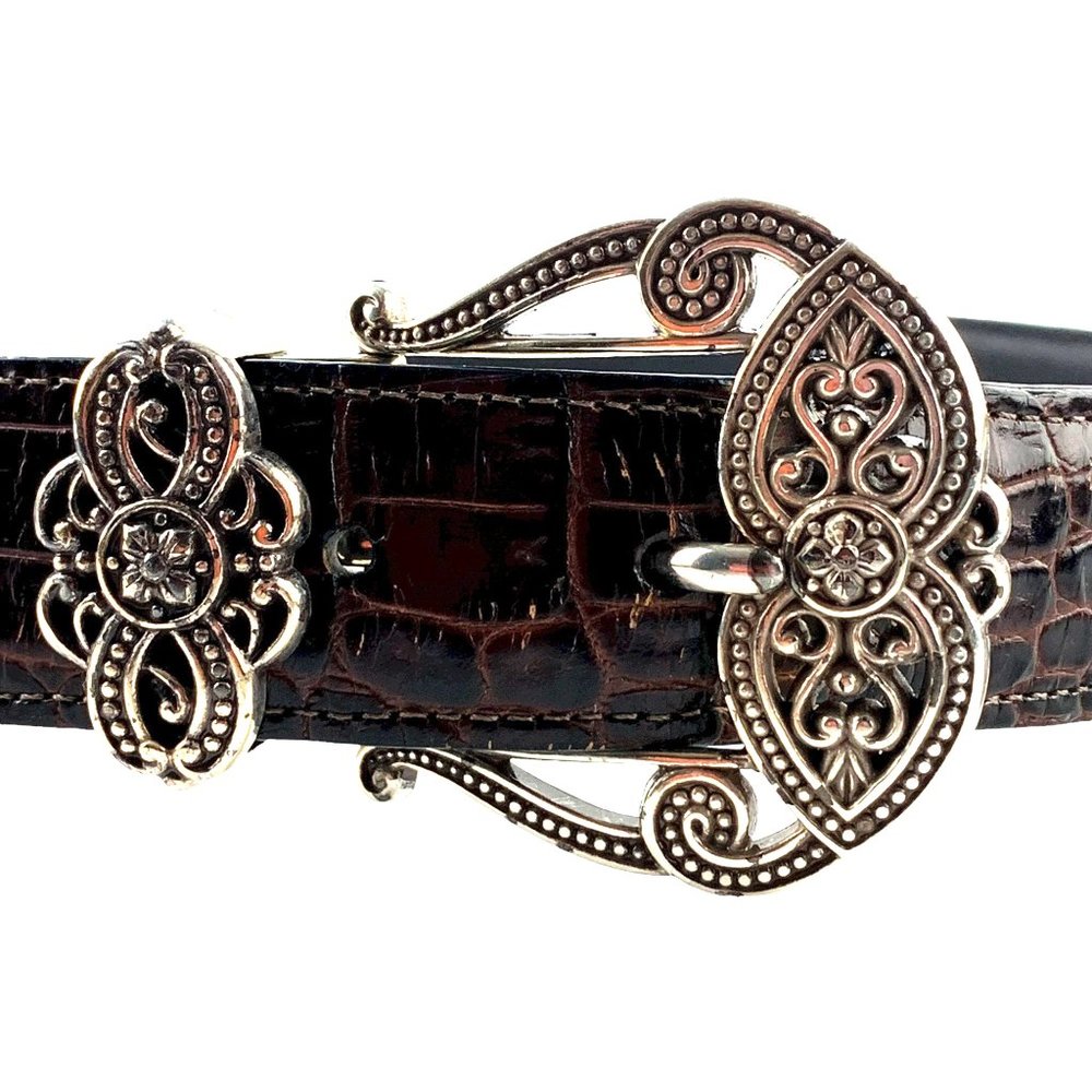 Vintage BRIGHTON 'B40369' Reversible Croc Leather Belt Silver Buckle